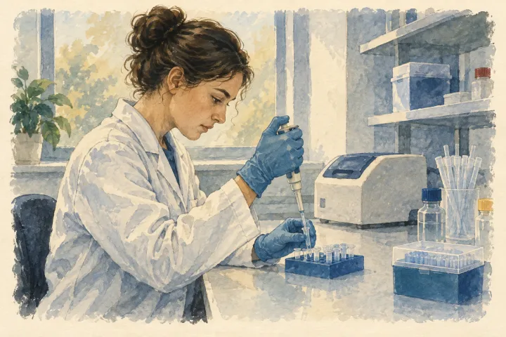 Illustration: An imagined genetics laboratory preparing samples. Identification depends on comparing genetic evidence, not seeing someone’s identity through a microscope; no Romanov test result is pictured.