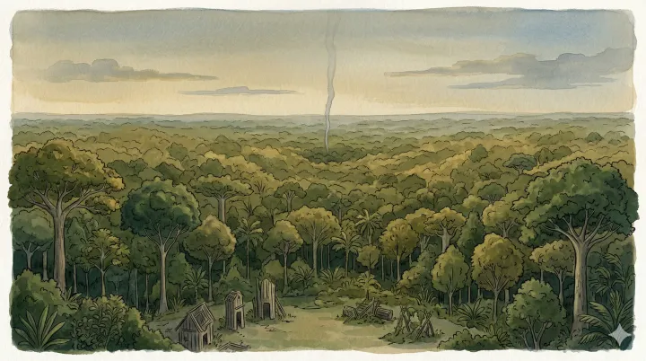 Illustration: An illustration inspired by a Kalapalo account of smoke from the travellers’ direction. The picture is not a witnessed aerial view or a map of their final camp.