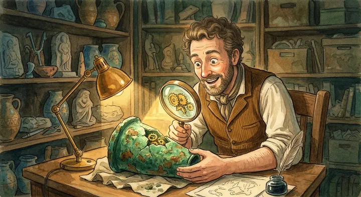 An imagined scholar examining bronze fragments with a magnifying glass.