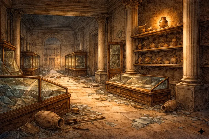An illustration of a damaged museum interior.