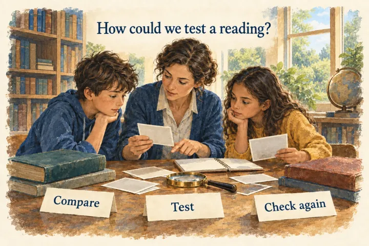 An imagined library study group comparing reference materials and asking how to test a reading.