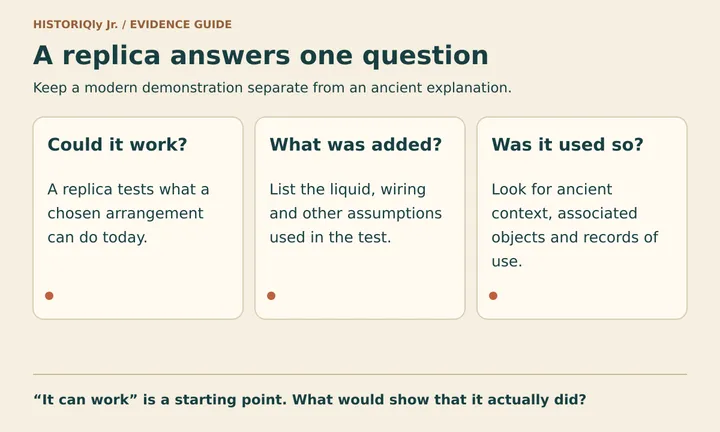 Three questions: can a replica work, what assumptions does it include, and what establishes ancient use?