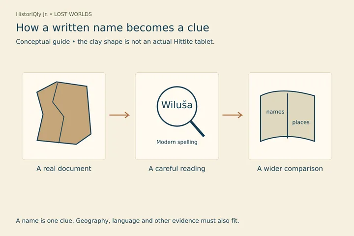 A conceptual guide from a real document to a reading and a wider comparison. “Wiluša” is a modern spelling, not copied cuneiform; the plain clay shape represents no identified tablet.