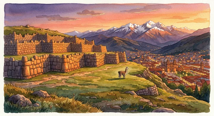 An illustrated sunset over stone walls and the city below.