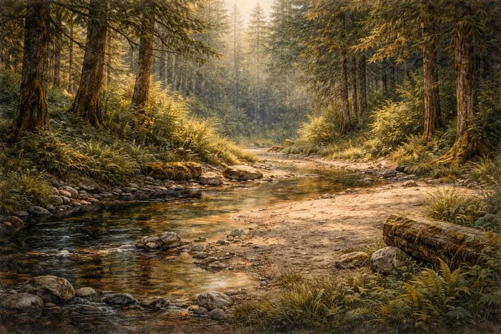 An imagined creek landscape, not a current survey or photograph of the exact 1967 film site