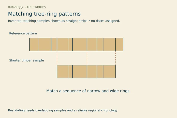 Invented ring-width strips demonstrate matching a shorter pattern to a longer one. No calendar years or drought dates can be read from this example; real crossdating needs suitable overlapping samples.