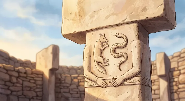 Illustration — a composite T-shaped pillar with imagined arrangements of animal and human features. It is not a copy of an excavated pillar, and its marks cannot be used to interpret any actual carving.