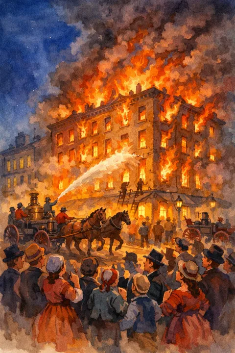 An artistic reconstruction of the 1865 museum fire