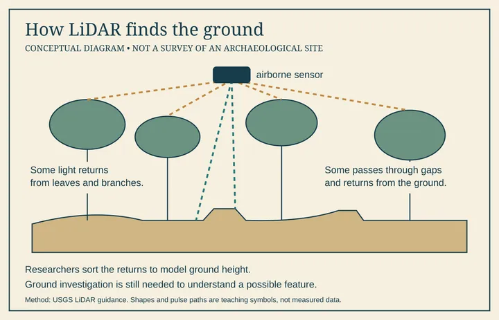 Diagram: A conceptual diagram shows how LiDAR returns can help model ground height beneath trees. These teaching shapes are not a survey of an Amazonian settlement or a map of Fawcett’s route.
