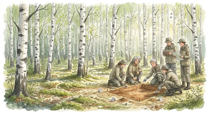 Illustration: An illustration of archaeological investigation near Yekaterinburg. The first grave was excavated in 1991; the arrangement pictured is not a site record.