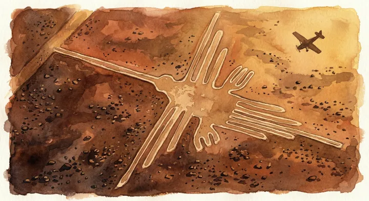Illustration: A stylised aerial view inspired by the hummingbird geoglyph