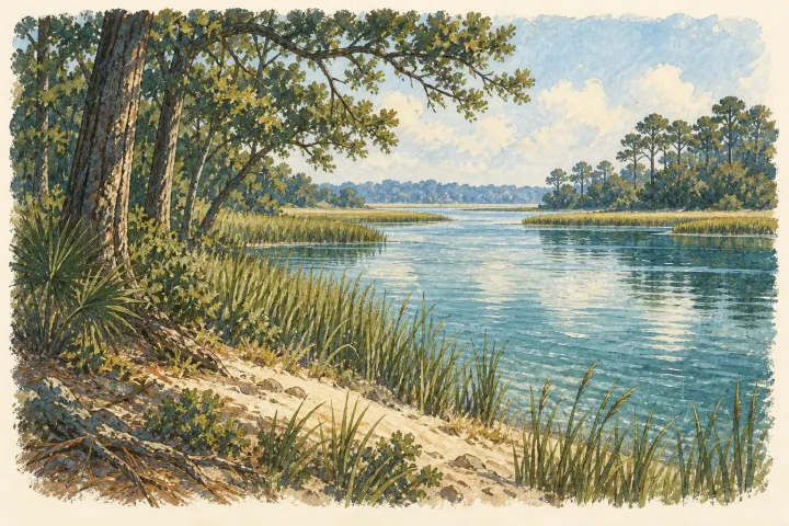 Illustration: An imagined riverside landscape. Virginia Dare’s birth is recorded, but the evidence does not tell us where she grew up or whether she survived.