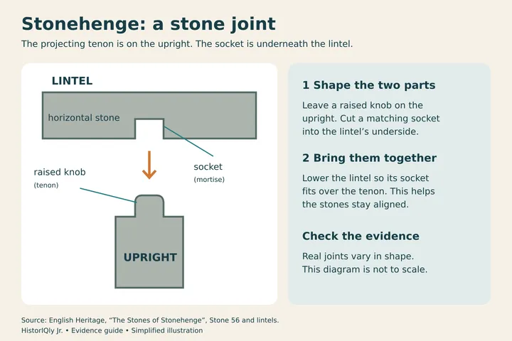 Diagram showing the tenon on top of an upright stone fitting into a socket under a horizontal lintel.