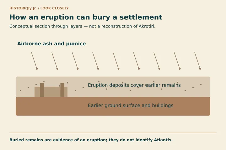 How an eruption can bury a settlement. Conceptual section through layers — not a reconstruction of Akrotiri.