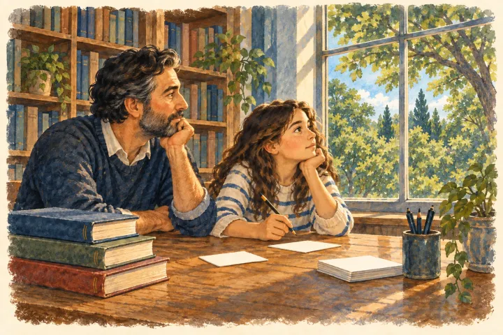 Illustration: An imagined conversation about history. Evidence of Amazonian settlements does not identify Fawcett’s destination; the picture contains no archaeological survey to interpret.