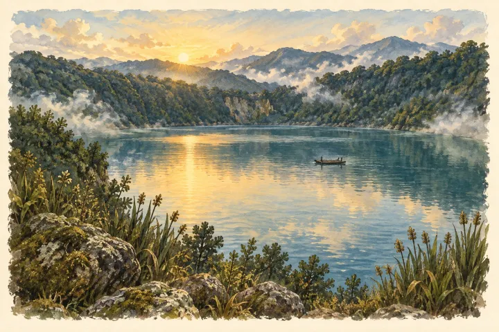 An imagined Andean lake at dawn, inspired by stories associated with Lake Guatavita. The distant raft is a narrative detail, not a reconstruction of a documented ceremony.