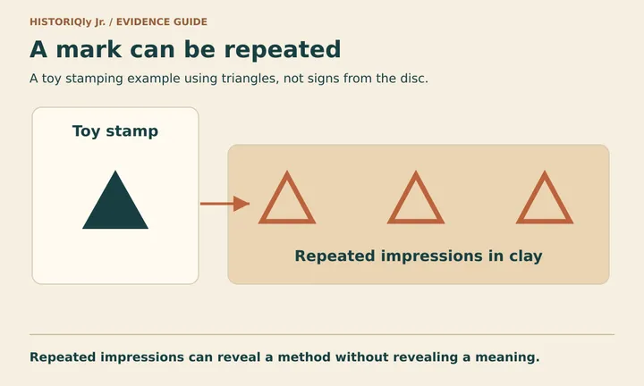 A triangle-shaped stamp and three matching impressions; a schematic of repetition, not an actual sign.