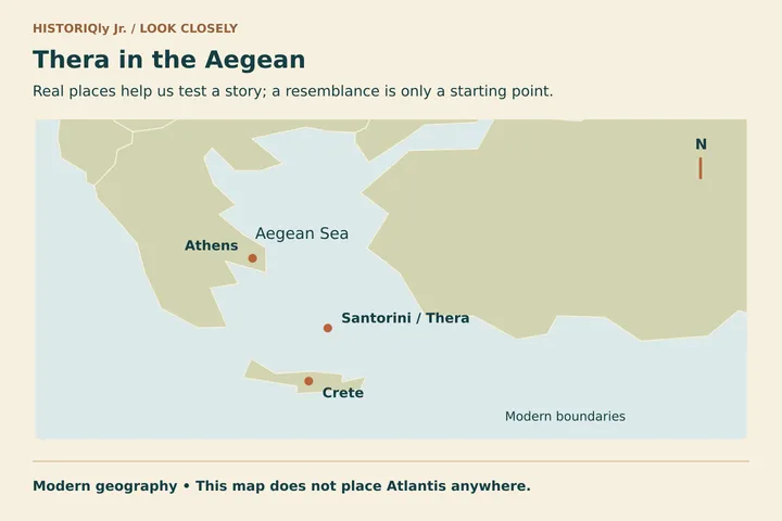 Thera in the Aegean. Real places help us test a story; a resemblance is only a starting point.