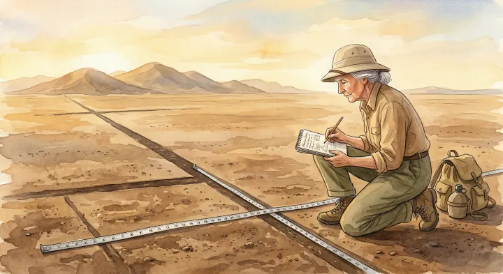 Illustration: An artist imagines Maria Reiche measuring a line