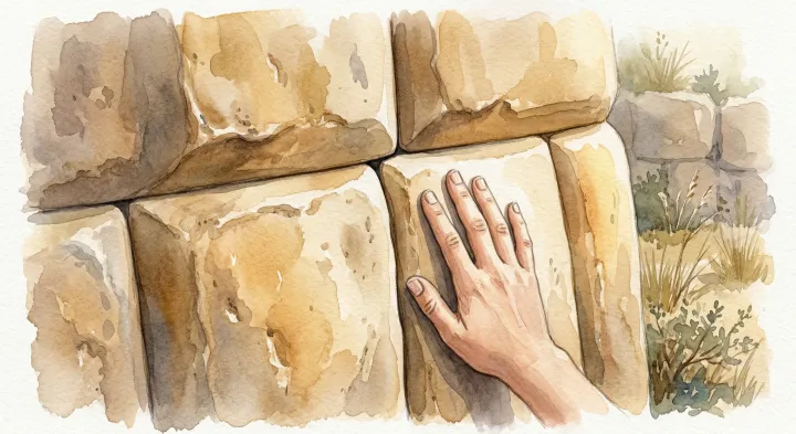 An artist’s view of a hand beside a fitted stone joint.