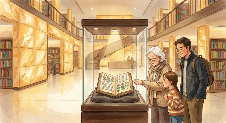 An imagined rare-book library display.