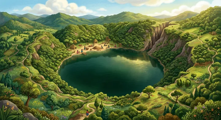 Illustration: An artist’s view of Lake Guatavita and a cut in its rim
