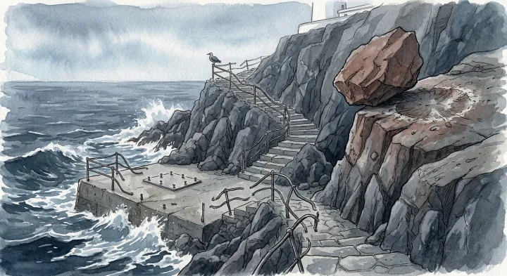 Illustration: A stylised landing scene, not a site plan. Muirhead recorded damaged railings and missing gear at different heights above the sea, including about 110 feet.
