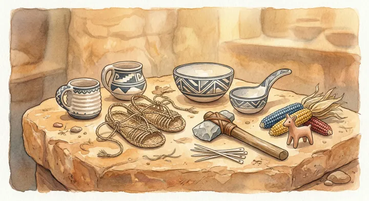 Illustration: Illustrated examples of pottery, sandals and tools