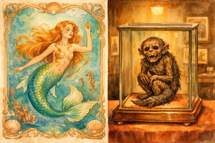An artistic contrast between a graceful mermaid and a manufactured curiosity