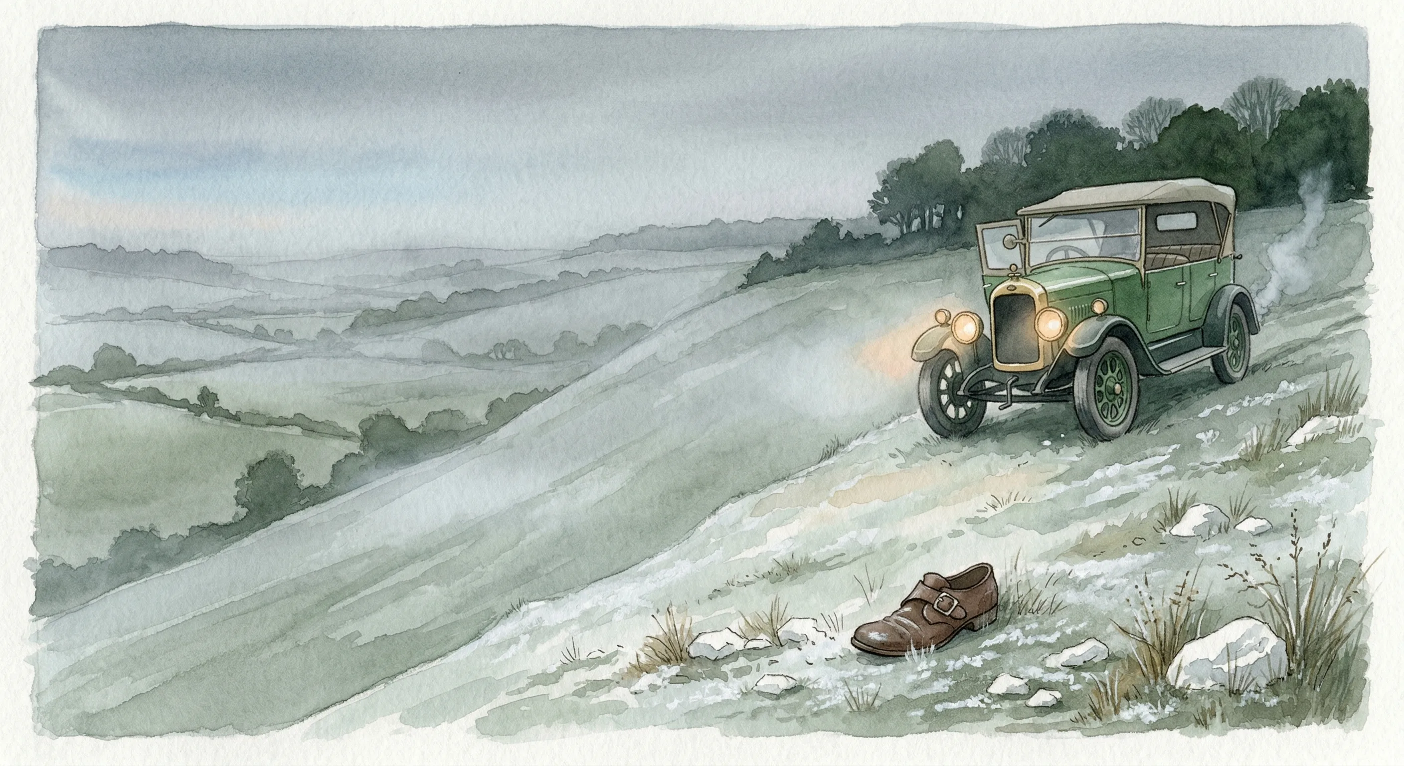A 1920s green motor car sits at the edge of a chalk hillside at dawn, engine running, a single shoe on the slope below