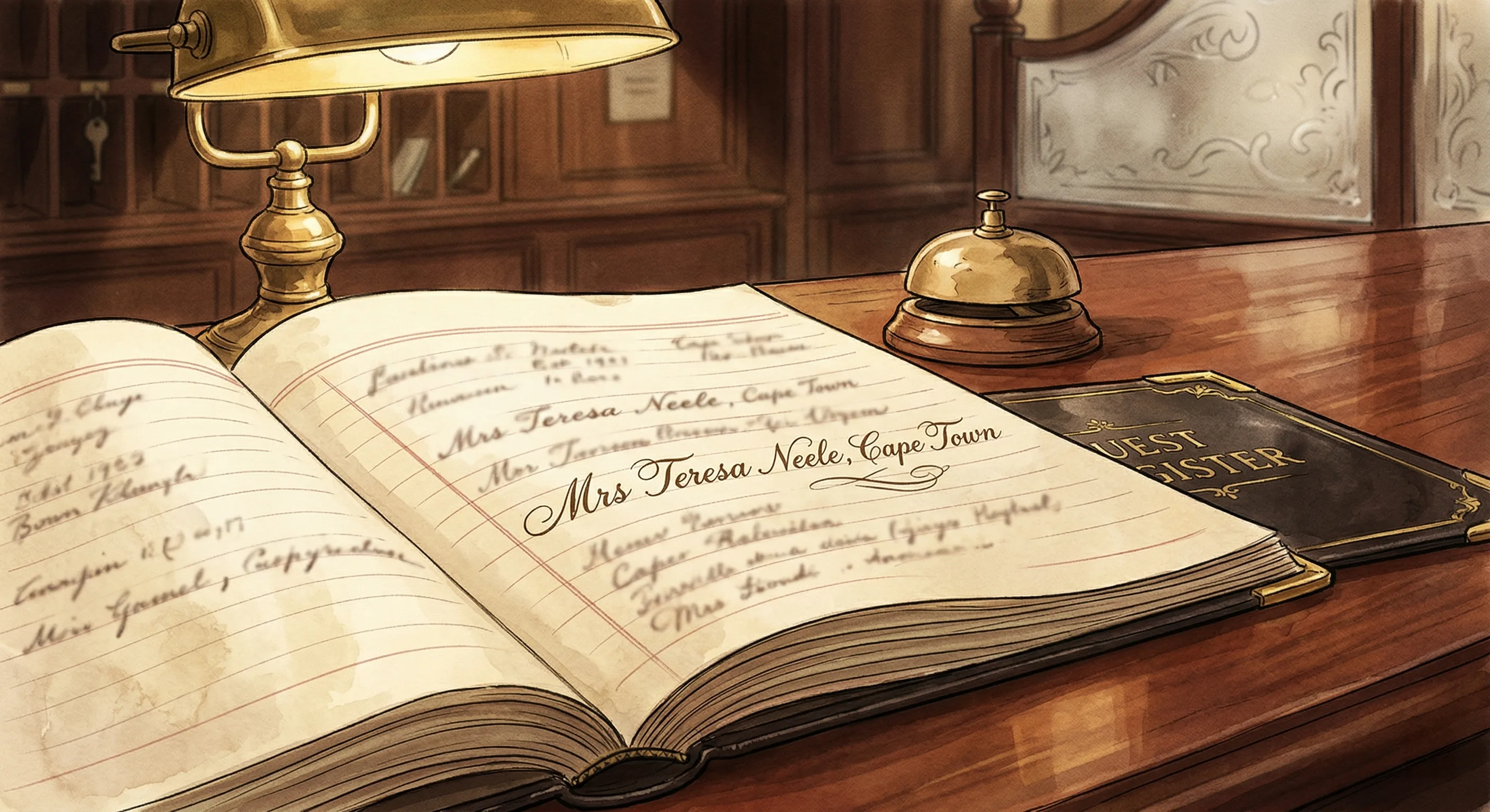A close-up of an open hotel register showing 'Mrs Teresa Neele, Cape Town' in 1920s copperplate handwriting