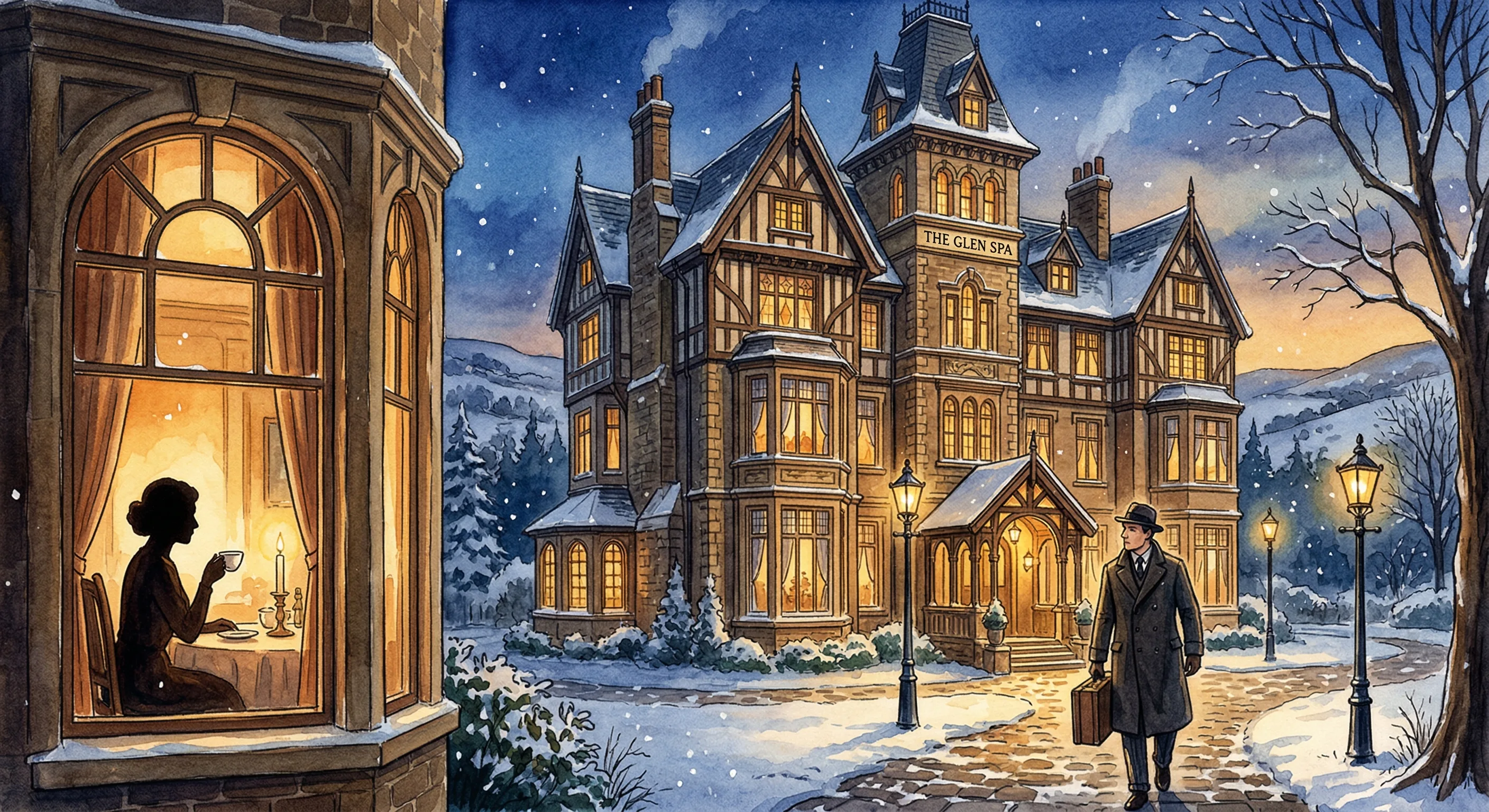 A grand Victorian spa hotel at dusk with warm golden light in every window, a man approaching the entrance