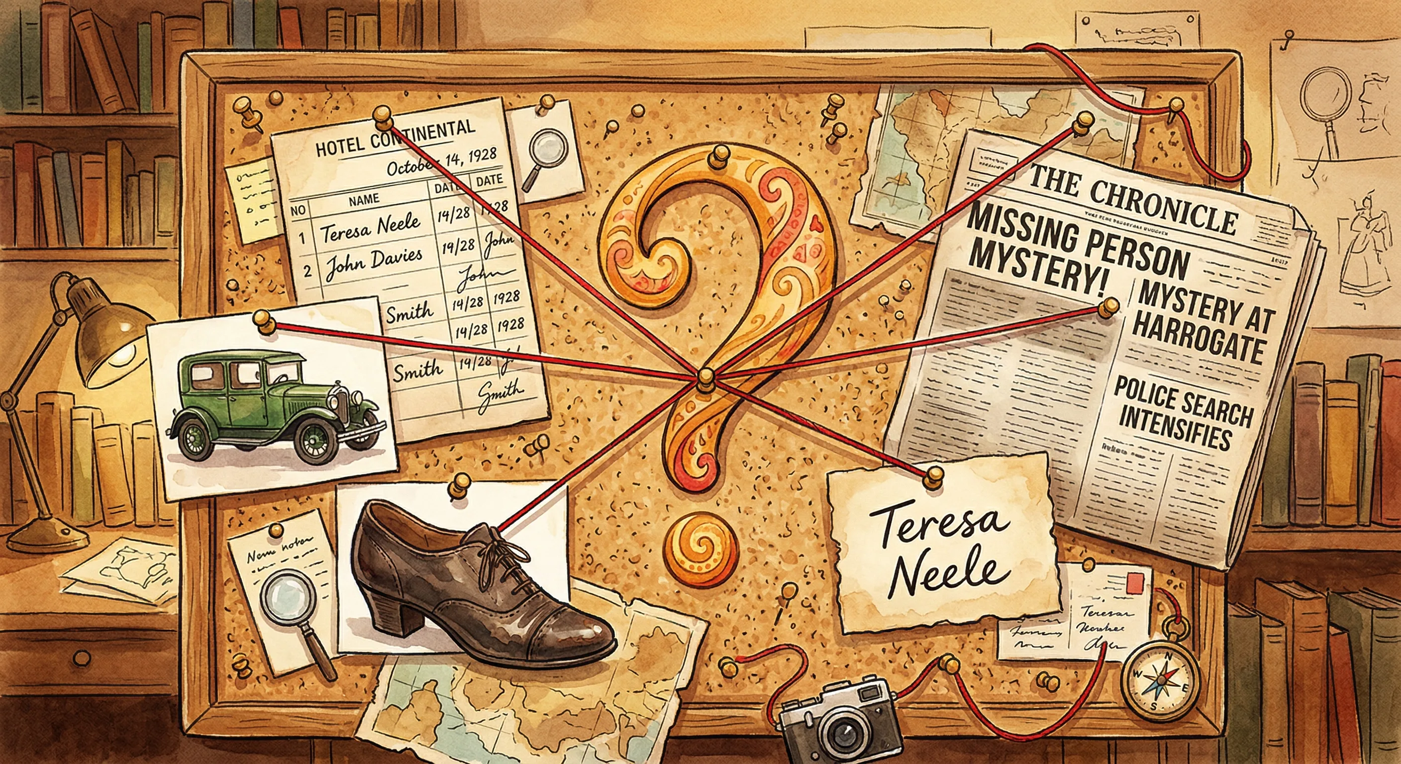 A detective's corkboard with red string connecting clues — a motor car, a hotel register, a shoe, a newspaper, the name 'Teresa Neele' — with a question mark at the centre