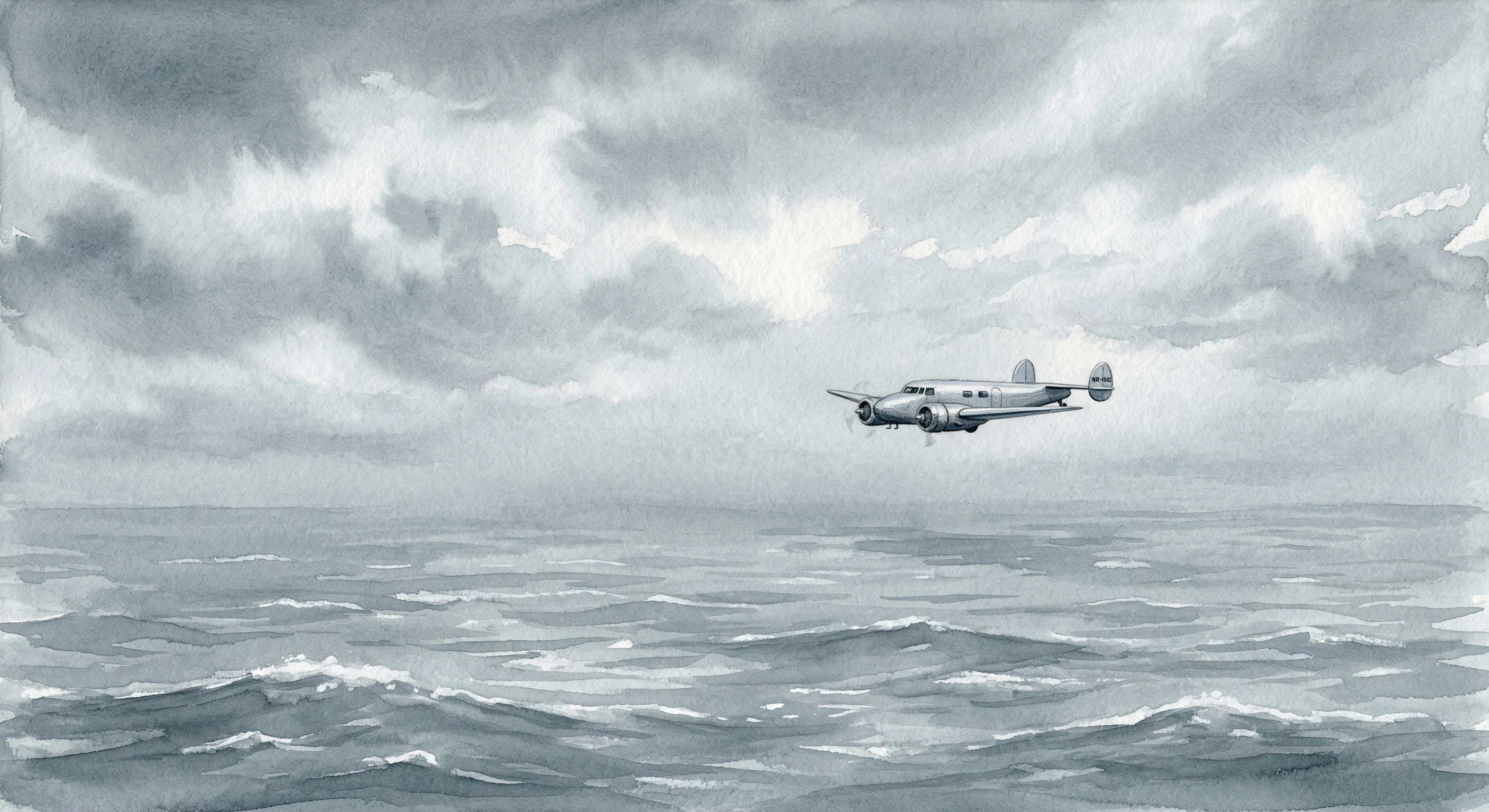 The Electra flying low over a grey ocean under heavy cloud cover