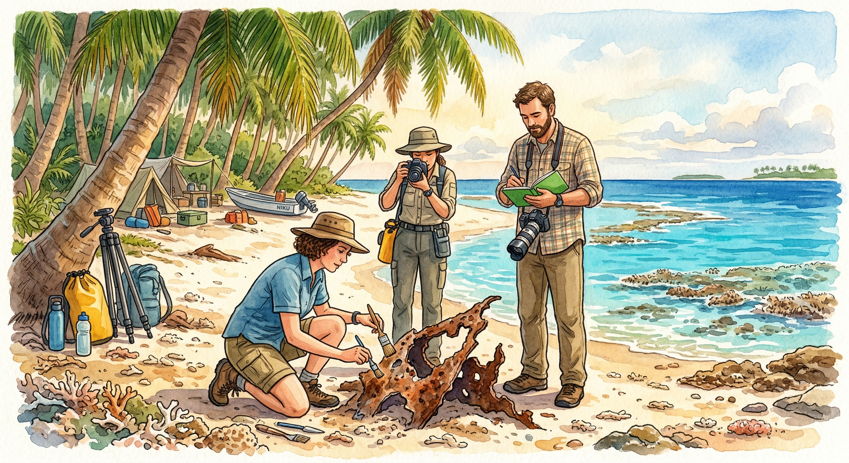 Aerial view of Nikumaroro, a thin green atoll surrounded by reef and turquoise ocean