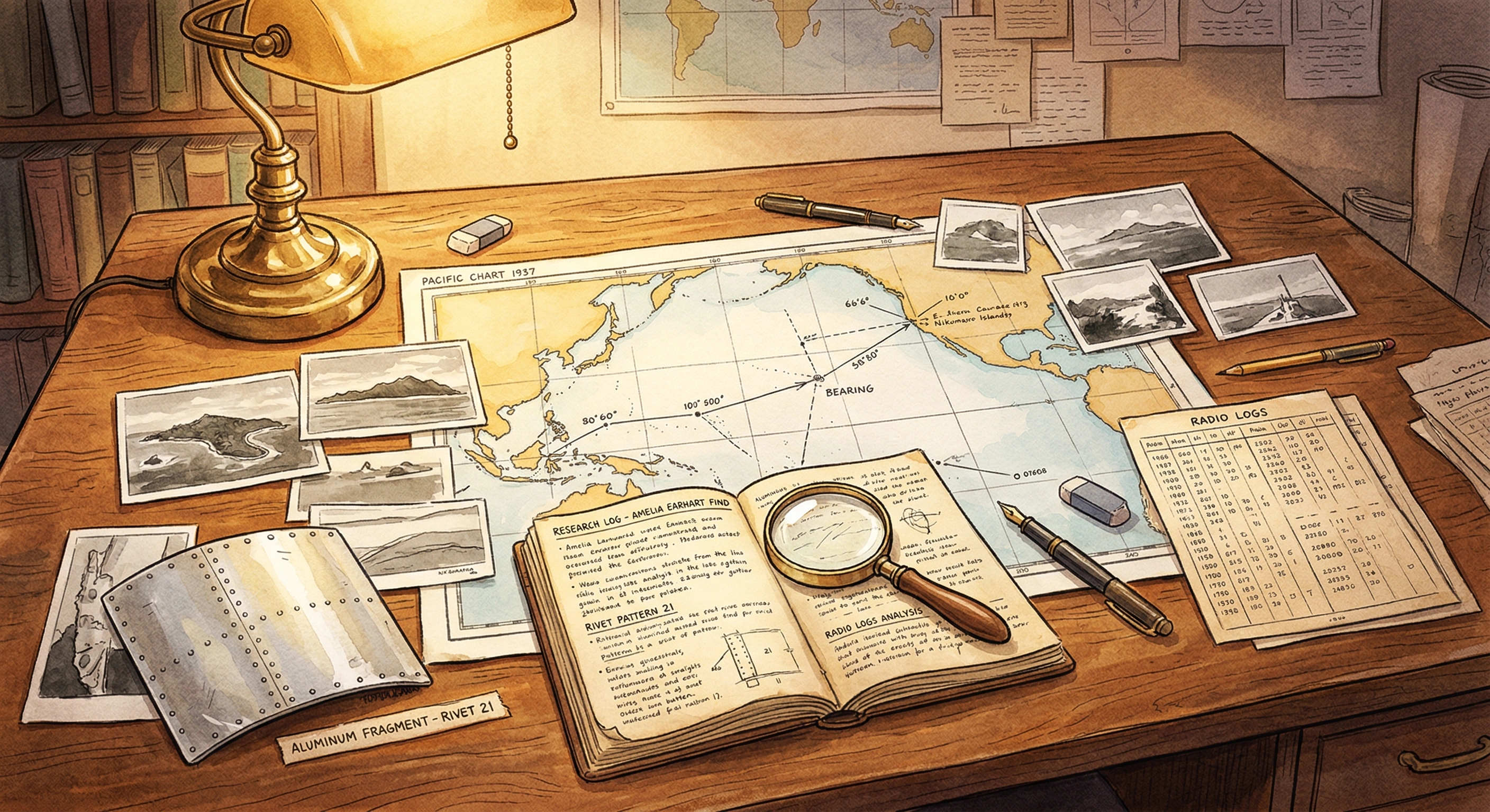 A researcher's table with maps, radio logs, artefacts, and a 1937 Pacific chart
