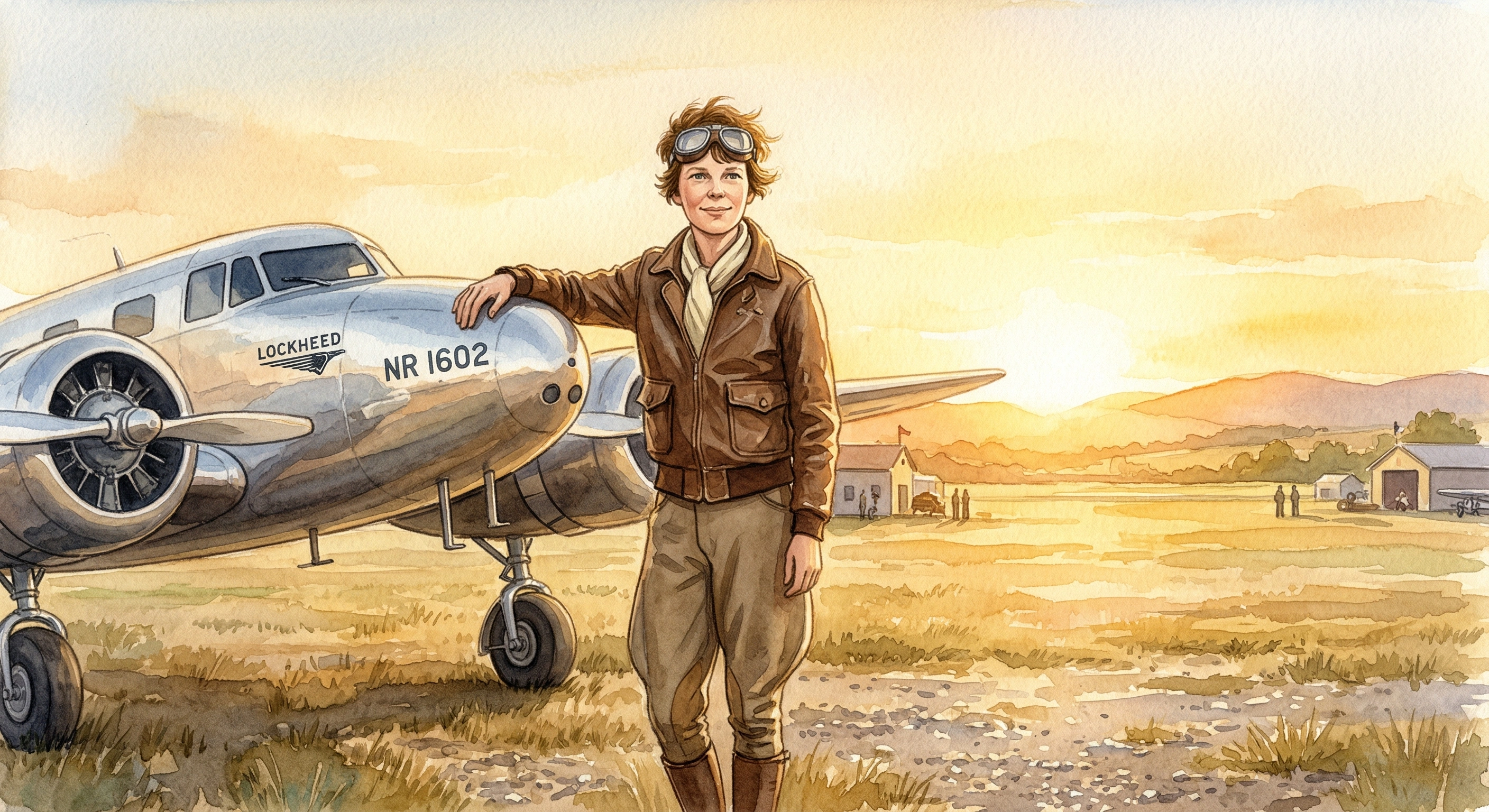Amelia Earhart standing beside her plane in aviator gear, looking forward with calm determination