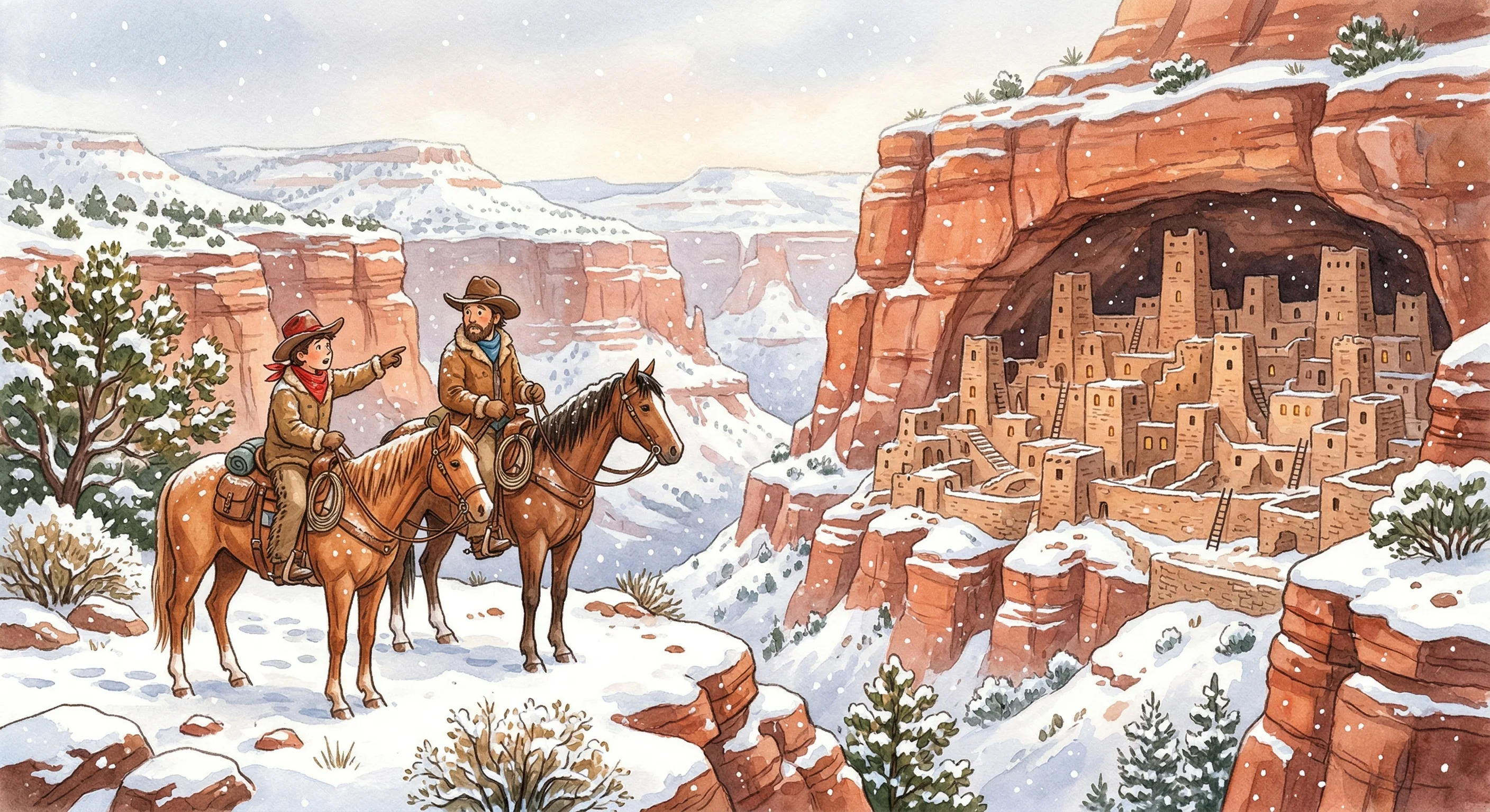 Vast stone city built into a cliff alcove, seen through falling snow