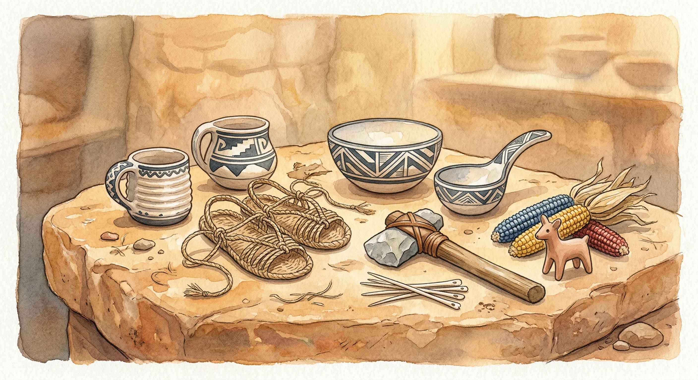 Ancestral Puebloan pottery, woven sandals, and stone tools