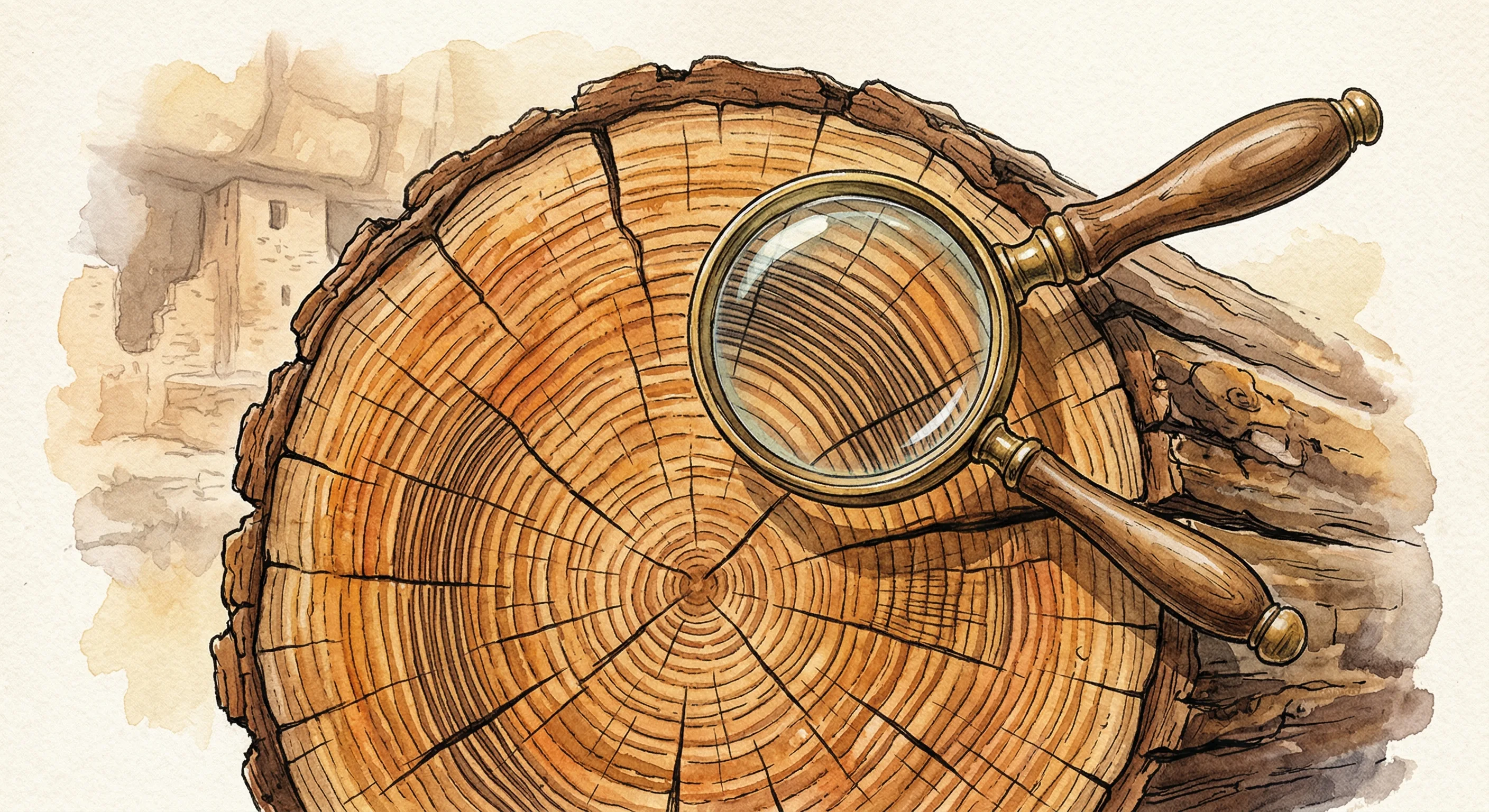 Close-up of tree rings in an ancient beam showing narrow drought rings