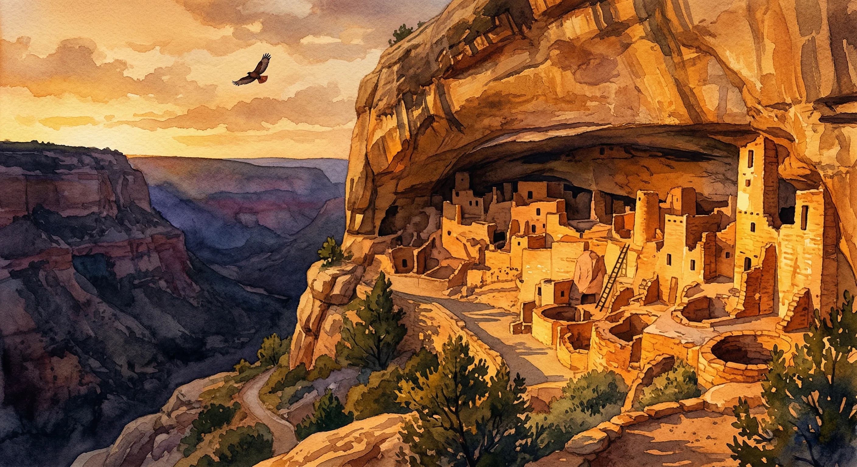 Cliff Palace at sunset, golden light on ancient stone walls