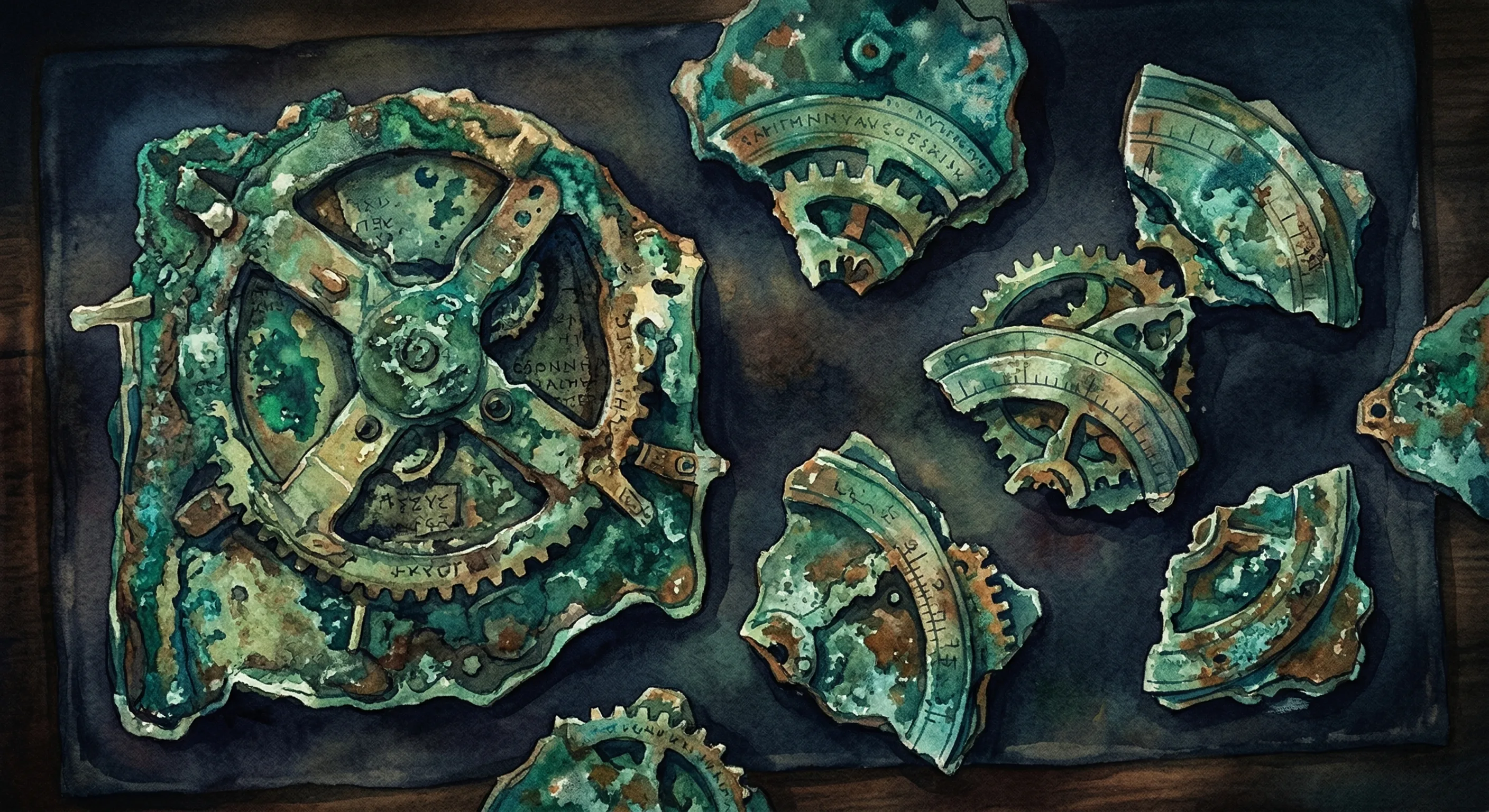 An archaeologist examining corroded bronze fragments with visible gear teeth