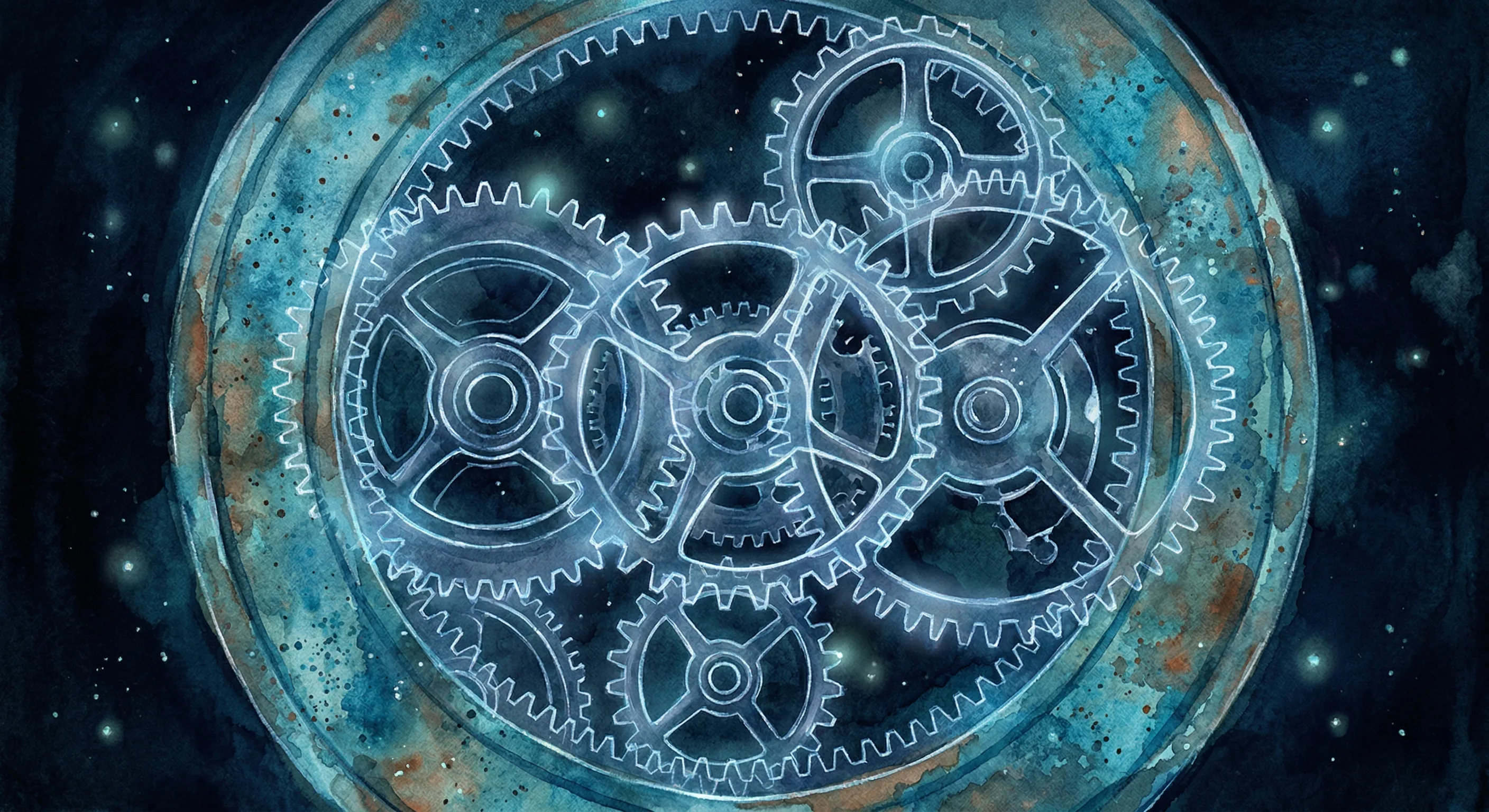 X-ray image showing ghostly outlines of interlocking gears inside corroded bronze