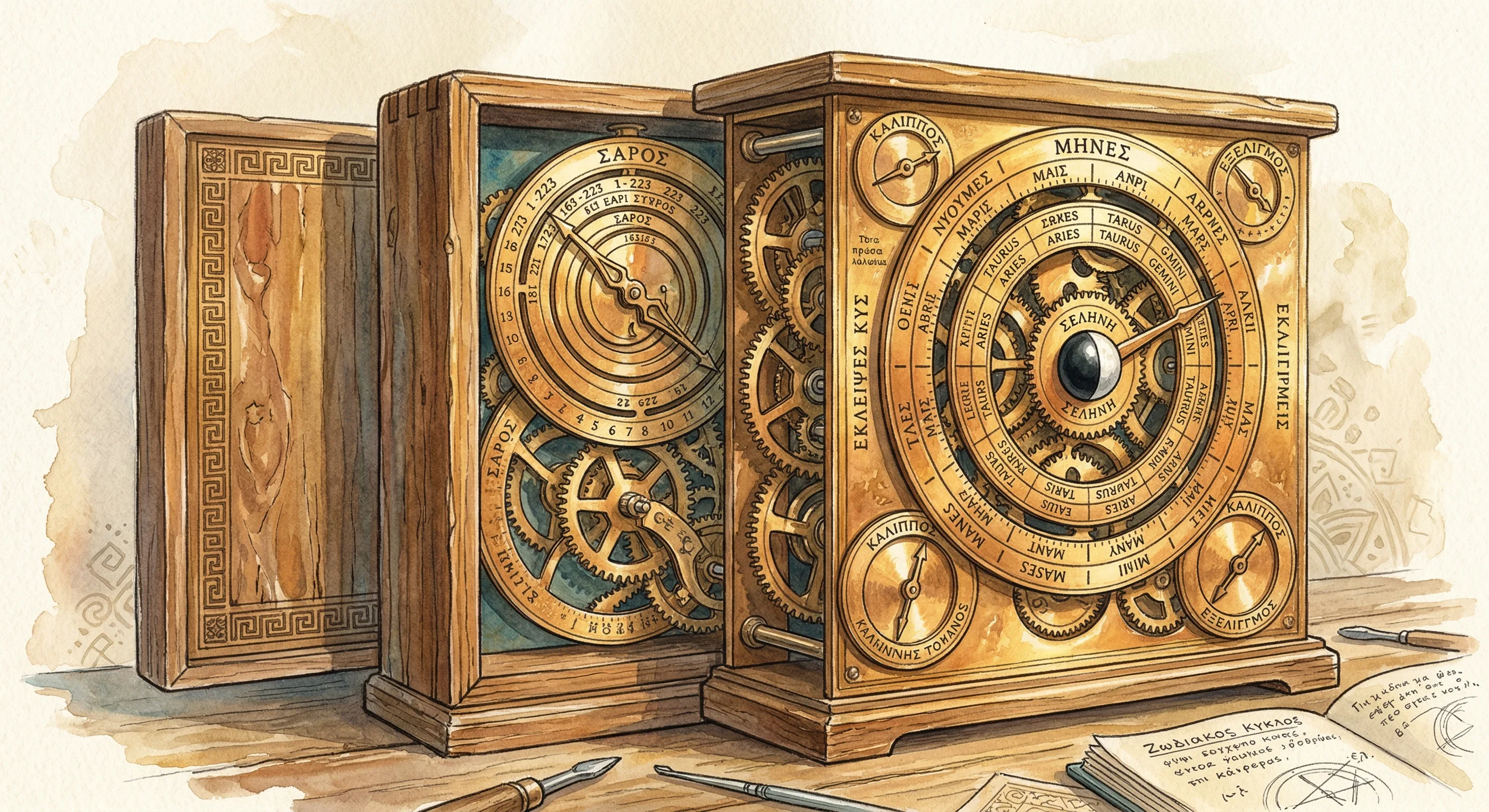 The Antikythera Mechanism fragments in their museum display case