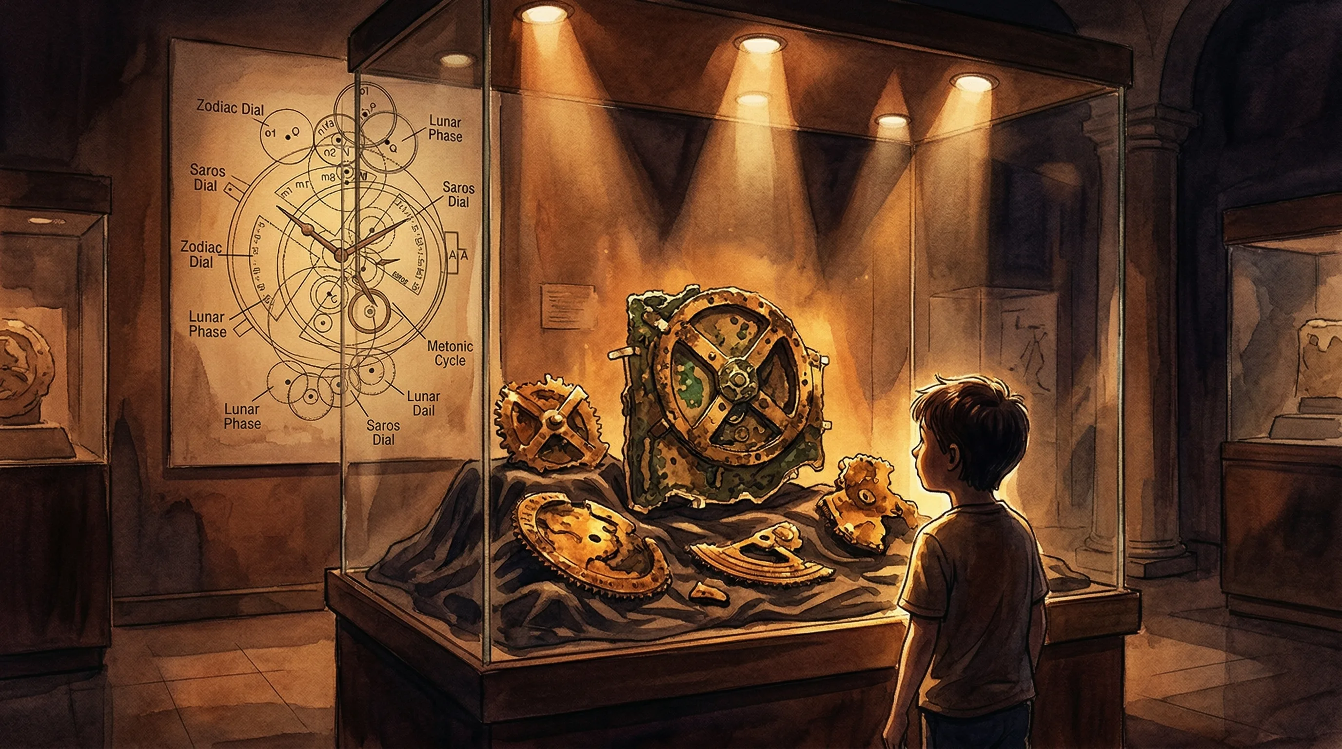 A detailed reconstruction of the complete Antikythera Mechanism showing dials and gears