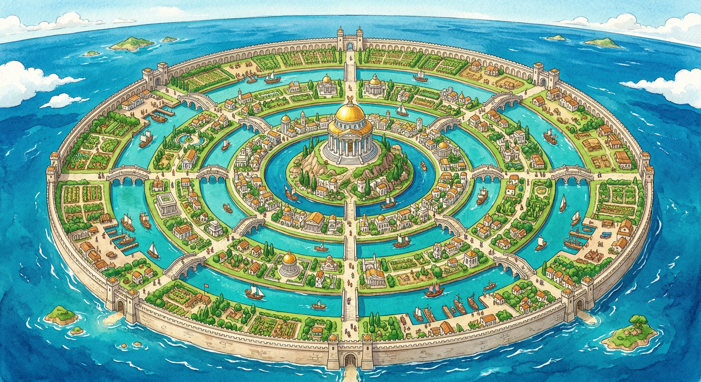 Bird's-eye view of Atlantis showing concentric rings of water and land