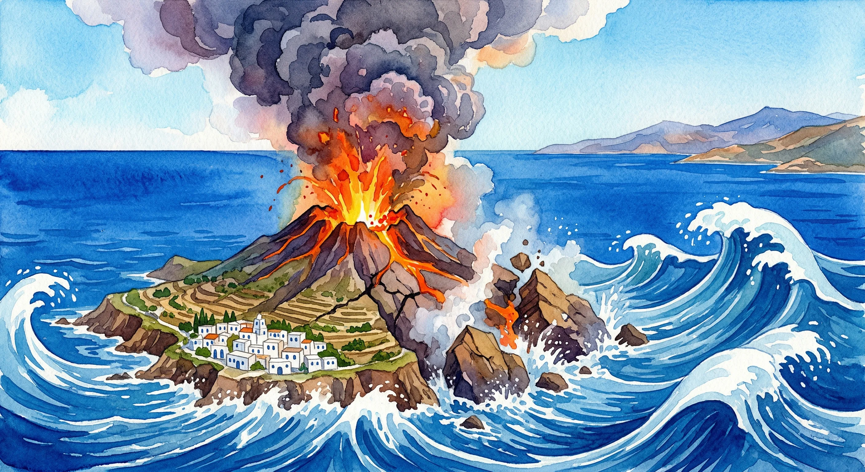 Massive volcanic eruption on a Mediterranean island with enormous ash clouds