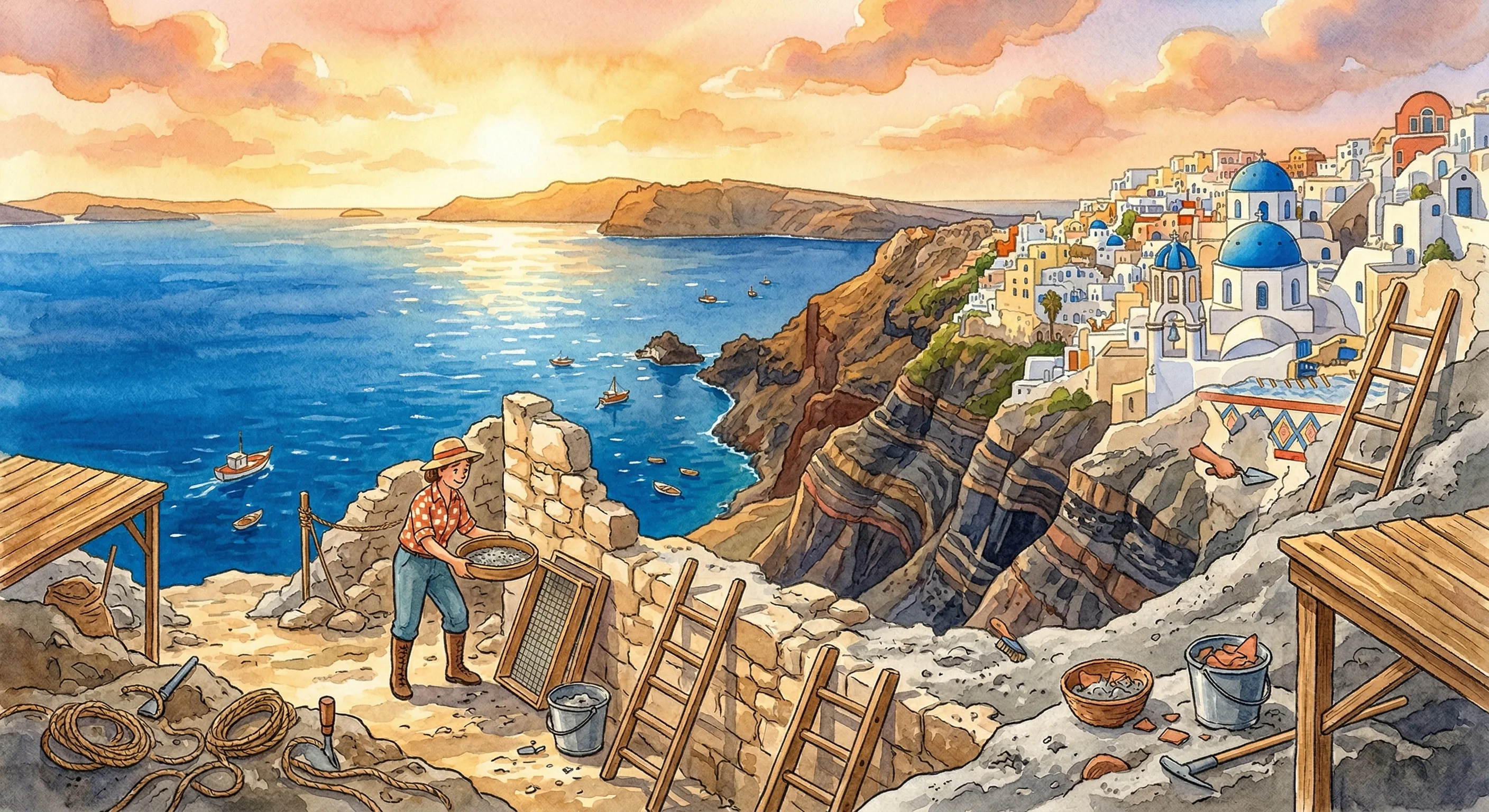 The modern Santorini caldera, white buildings on clifftops overlooking a deep blue crescent-shaped bay