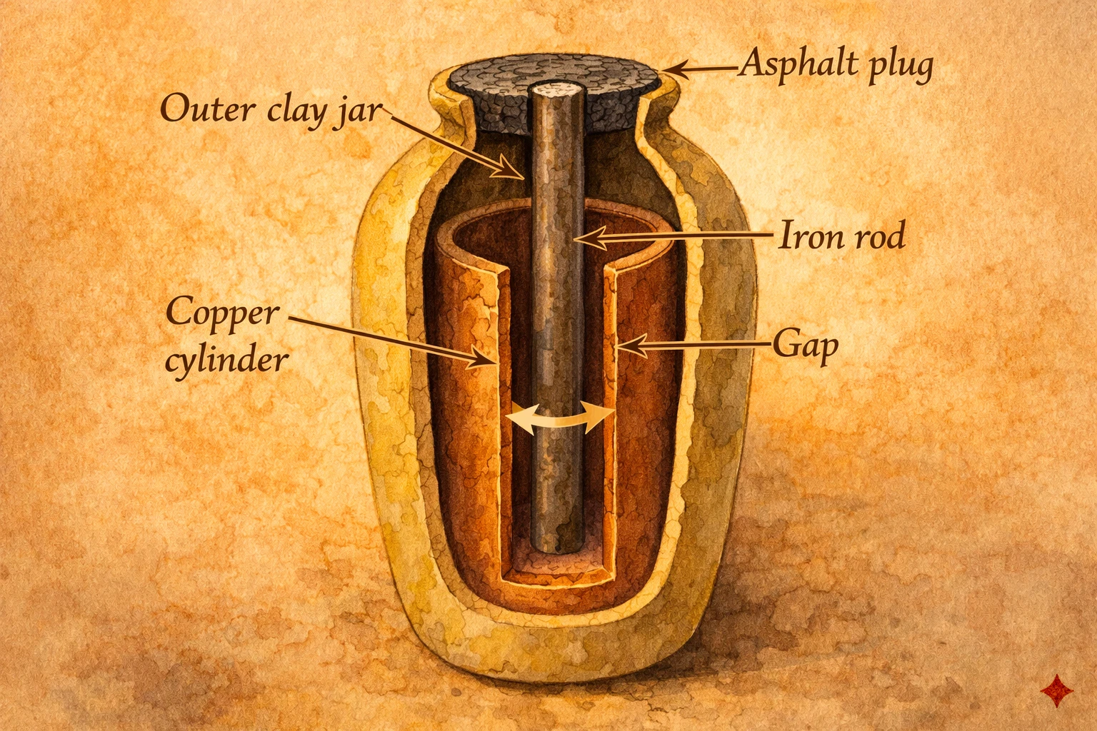 Cross-section diagram of the Baghdad Battery showing copper tube, iron rod, and asphalt seal