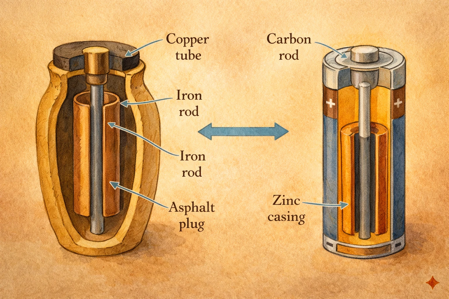 Side-by-side comparison of the Baghdad Battery and a modern battery